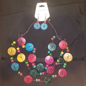 Layered Beaded & Button-Shaped Necklace with Matching Earrings